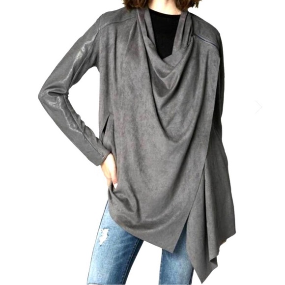 BLANK NYC Gray Faux Suede Leather Asymmetric Shoulder Zipper Draped Jacket Sz M - Picture 2 of 16